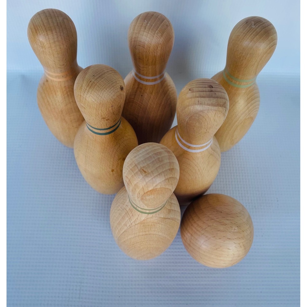 VTG Hearth & Hand Wooden Bowling Set Kids Tan Excellent Vintage Tabletop Toy 7pc - Picture 2 of 5